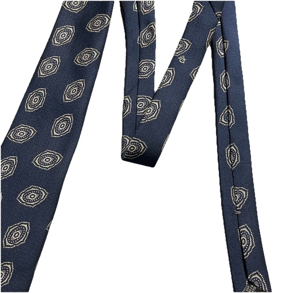 Christian Dior Necktie Mens One Size Navy Blue Silk Medallion Geometric Logo Tie
